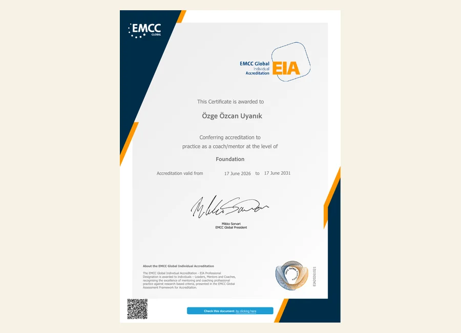 Özge Özcan Uyanık EMCC Global EIA Foundation akreditasyon belgesi