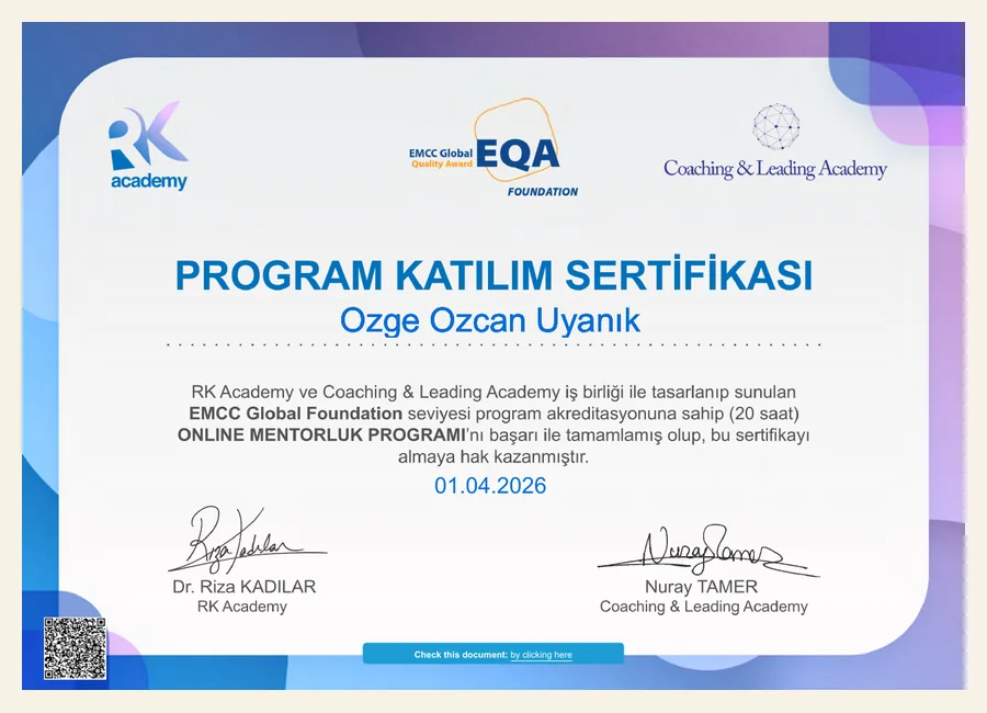 Özge Özcan Uyanık EMCC Global Foundation Online Mentorluk Programı katılım sertifikası