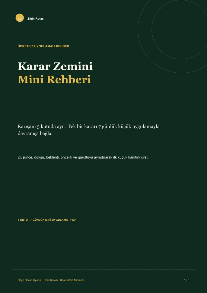 Karar Zemini Mini Rehberi kapağı ve 5 kutu uygulama sistemi